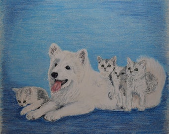 vintage   Samoyed dog  watercolor and  four kittens   signed