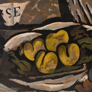 vintage   still life  abstract   after George  Braque four peaches and pitcher on table color lithograph