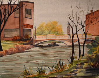 vintage   wards dept   store   watercolor of river bridge wards department store trees artist signed