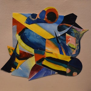 May include: Abstract collage artwork featuring geometric shapes in shades of blue, yellow, red, black, and white. The artwork is created using paper cutouts and painted with vibrant colors.