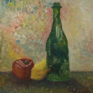 vintage lemon art     oil  painting       apple and lemon and green bottle