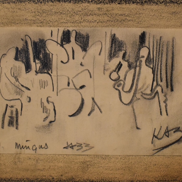 vintage drawing of Charles Mingus Jr band signed