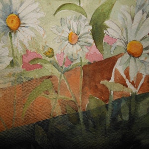 vintage daisy's art watercolor of garden white daisies and other garden flowers image 4