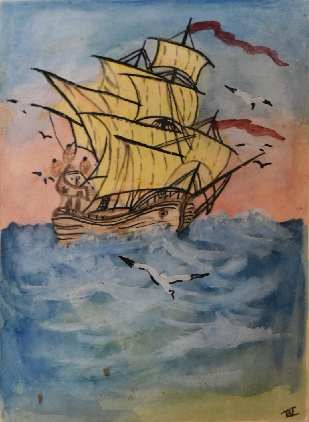Vintage Marine Watercolor of Full Masted Ship at Sea With Birds Artist ...