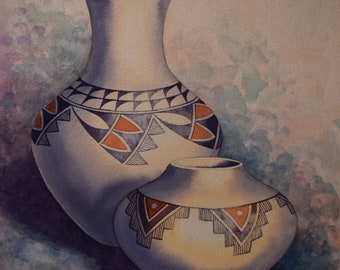 vintage watercolor of southwest pottery   artist Karen  Brueggemann