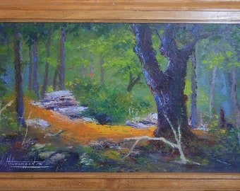 vintage  oil painting of green forest   impressionist large  trees  path signed