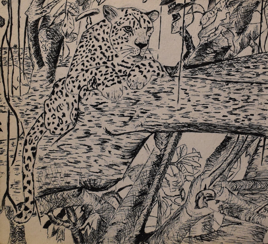 Vintage Leopard Ink Drawing on Log in Landscape - Etsy