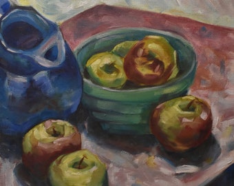 vintage apple in blue bowl  oil painting of apples and tea pot on table