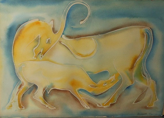 Vintage Middleton Freeman Artist Water Color Cow and a Calf