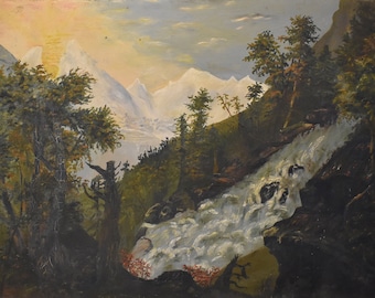 vintage    19 th century    oil painting of waterfall with snow   mountains sunset trees