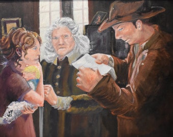 vintage people      oil painting of man reading letter to mother and child and lady