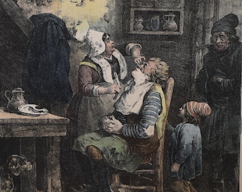 vintage artist Joseph  Bellangé  color lithograph woman shaving person in barbra shop ca 1829 signed