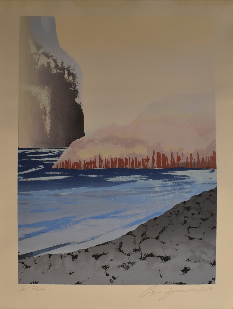 vintage absract color serigraph lake landscape of mountain passage trees artist signed one of four image 2