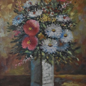 vintage   red blue flowers  oil painting of daises in square vase signed
