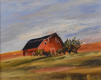 vintage     red barn  landscape  oil painting of red gambrel barn on hill