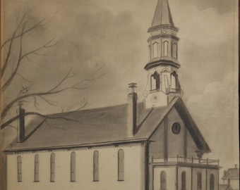 Vintage american folk pastel  church   steeple drawing