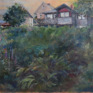 vintage  Northport mid coast  Maine   oil  painting of     lupines cottages ocean artist signed Northport