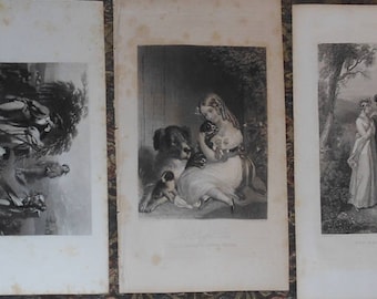 vintage classical engravings    farm shores   mother  children rabbit vintage  ca 1850