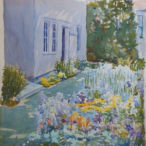 vintage lupine      watercolor    of garden    yellow blue flowers   house front flowers titled garden signed