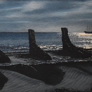 vintage   sail boat  watercolor of night ocean ship old pier moon light artist signed