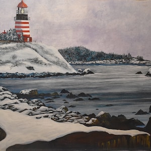 vintage   winter     Maine Quoddy Head oil painting winter trees rocks water signed