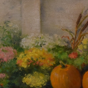 vintage harvest     harvest time art   painting of pumpkins with vegies   artist Beatrice e MacLellan