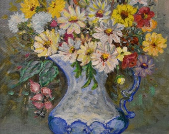 vintage daisy flowers oil painting blue vase many colors signed