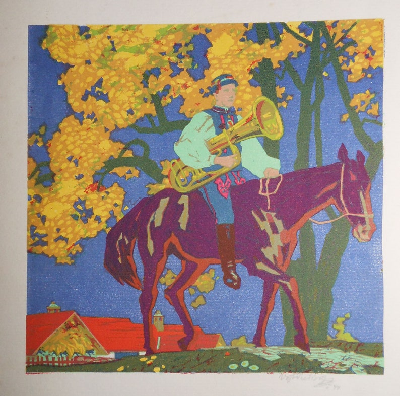 vintage color wood block horse and rider 1944 signed