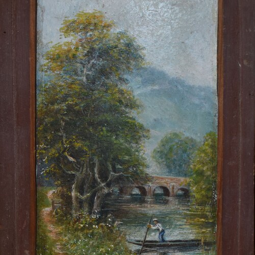 Vintage river art of man rowing boat shops shore oil painting of man in boat river shore trees hills stone viaduct