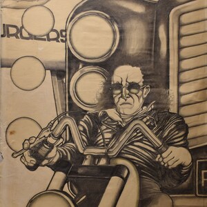 vintage man on   motorcycle     drawing 1970 s signed