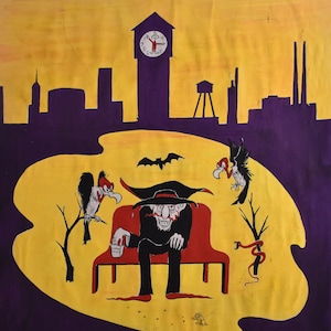 May include: A hand-drawn illustration of a spooky scene with a man in a black cloak sitting on a red bench. The man is holding a small box. There are two birds, a bat, and a snake in the scene. The background is a yellow and purple cityscape with a clock tower.