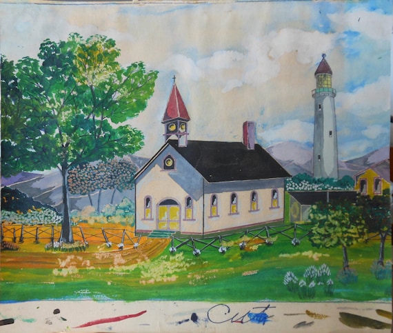 Vintage Folk Sea Art Watercolor Painting of Red Steeple White