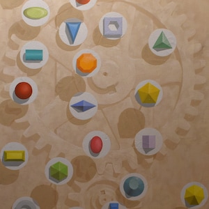 vintage   abstract oil painting  diamond shapes gears titled future shock signed