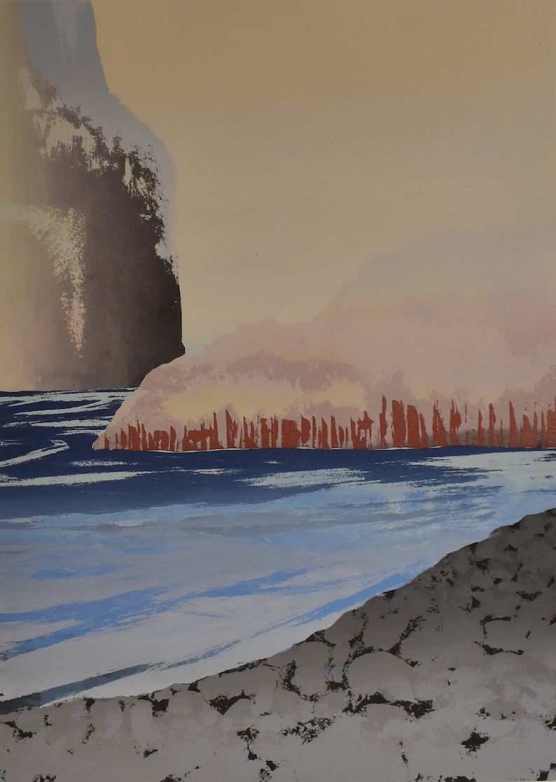 vintage absract color serigraph lake landscape of mountain passage trees artist signed one of four image 1