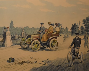 vintage auto colored print old car with people artist Eugene Courboin ca 1900