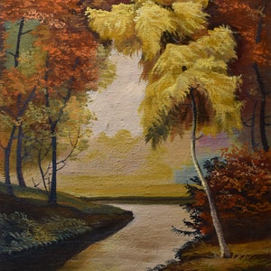 vintage     oil painting landscape  river with trees signed