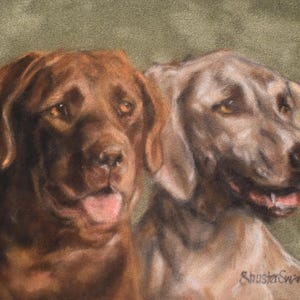 May include: A painting of two dogs, a brown Labrador Retriever and a gray Weimaraner, looking at the viewer. The Labrador Retriever has its tongue sticking out.