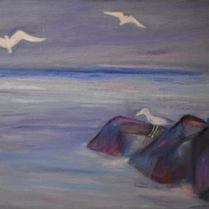 vintage oil painting monhegan island birds rocks signed listed  signed artist Myrl Efrem