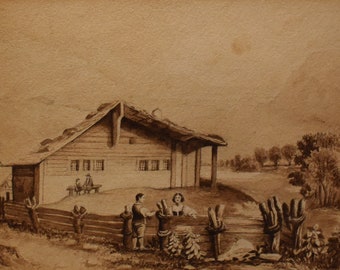 vintage   watercolor of chalet with four people talking