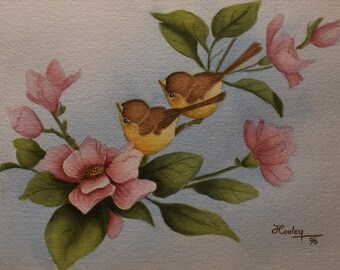 vintage     birds on branch watercolor  signed