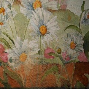 vintage daisy's art watercolor of garden white daisies and other garden flowers image 3