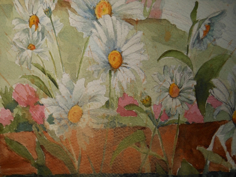 vintage daisy's art watercolor of garden white daisies and other garden flowers image 3