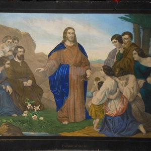 Vintage   Jesus  pupils color  lithograph 1860 by  max Jacobi & Zeller new York parable of the Lilly colored lithograph