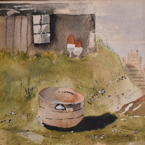vintage   Maine     watercolor of house buoys pail and pier