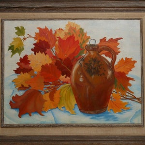 May include: A still life painting of a brown ceramic jug with a handle, surrounded by a cluster of red, orange, and yellow autumn leaves on a blue background.