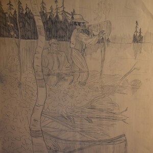 vintage hunter art  drawing of two hunters  trees artist signed