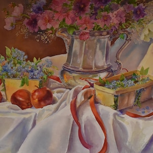 vintage watercolor  still life painting    apples ribbon blue berry&#39;s   blueberries in basket and vase of flowers signed 1990