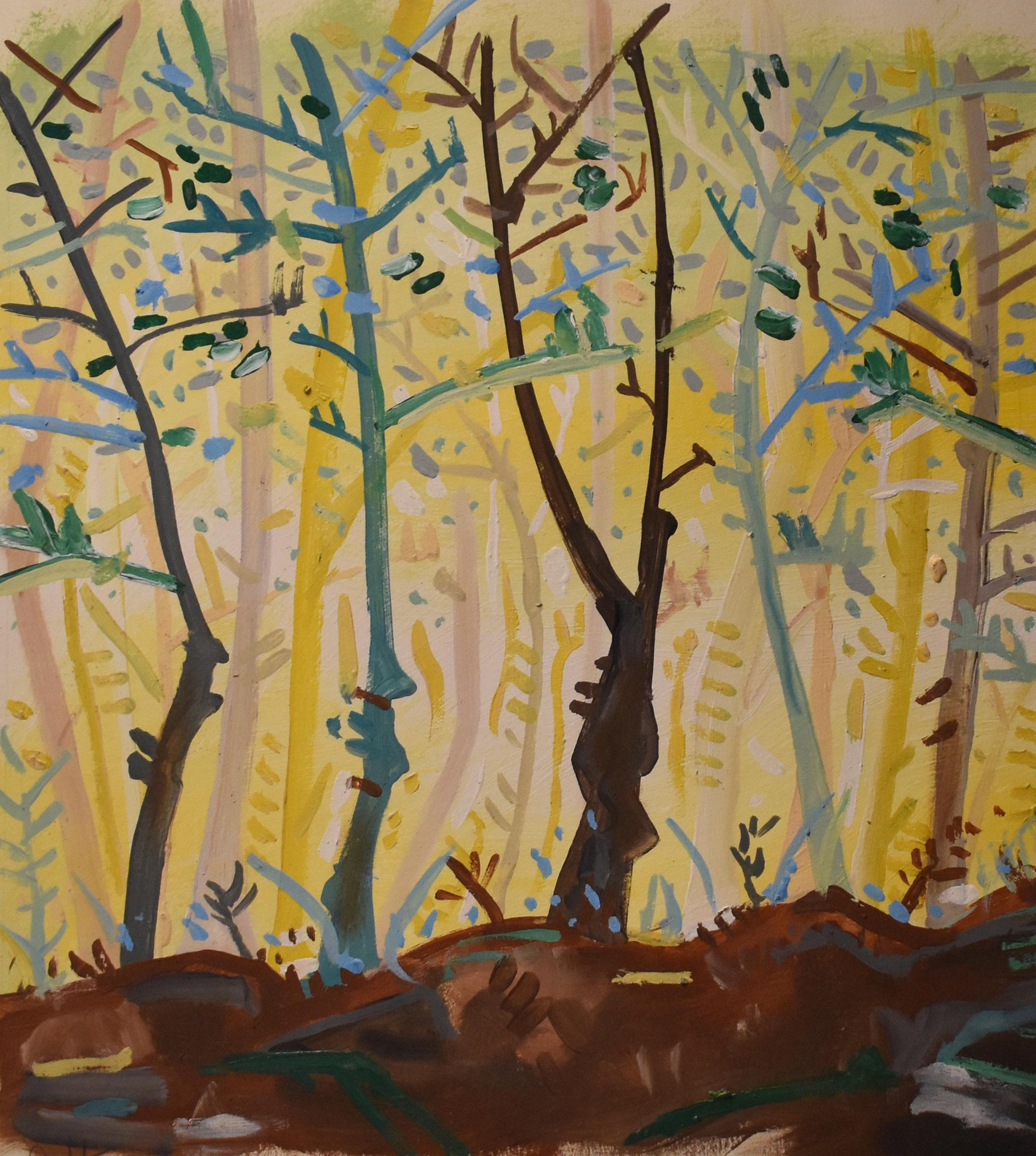 vintage forest abstract  painting of trees signed