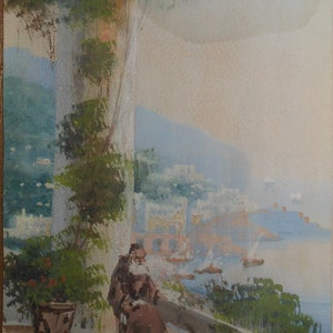 Vintage water color gouache Italy coast monk signed m.gianni