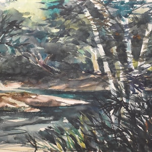 vintage river art watercolor  Maine  river forest art  trees      river bend birch trees